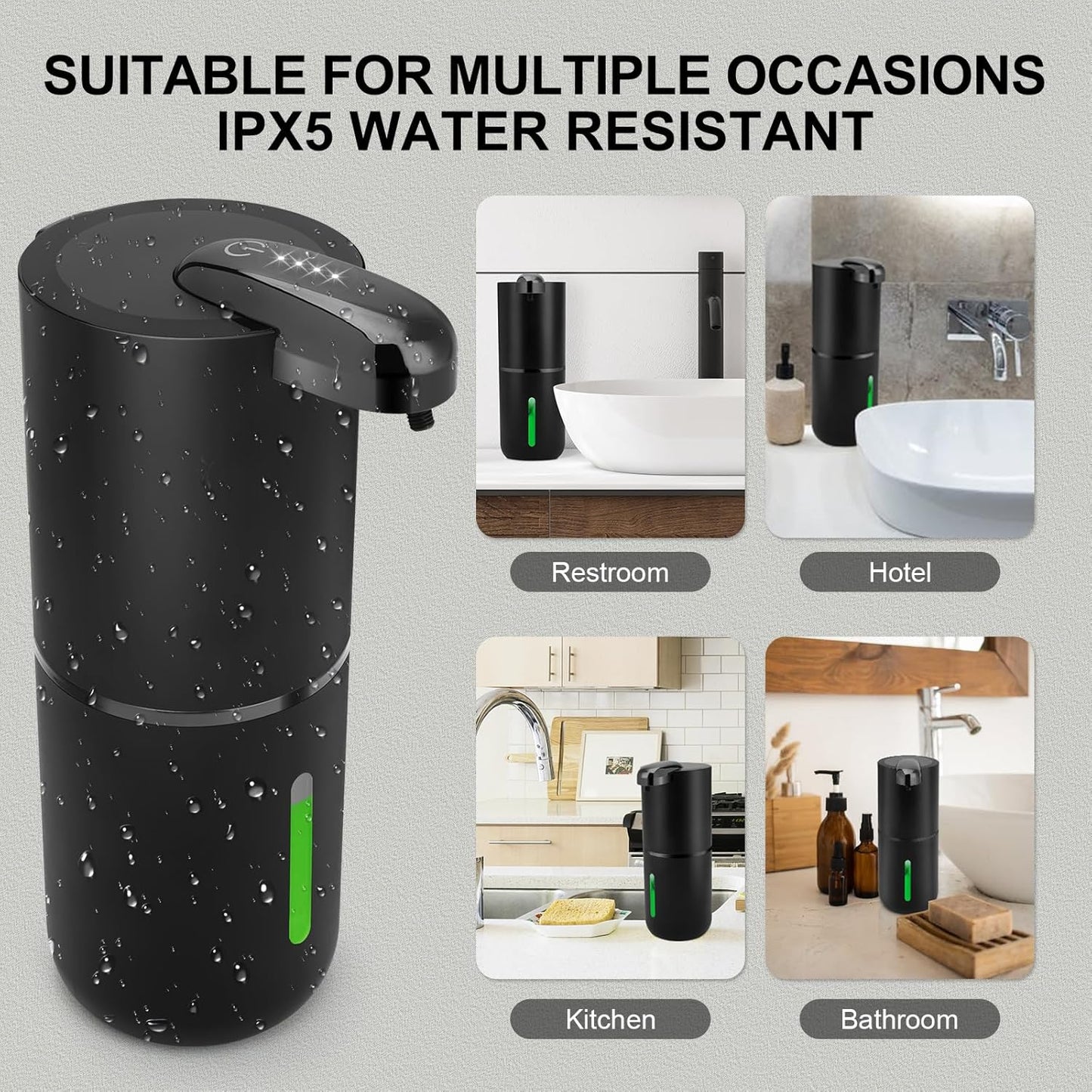 Automatic Liquid Soap Dispenser, 12.8Oz/380Ml Rechargeable Touchless Hand Soap Dispenser, 4 Level Adjustable Foam Volume, IPX5 Waterproof for Bathroom, Kitchen, Black