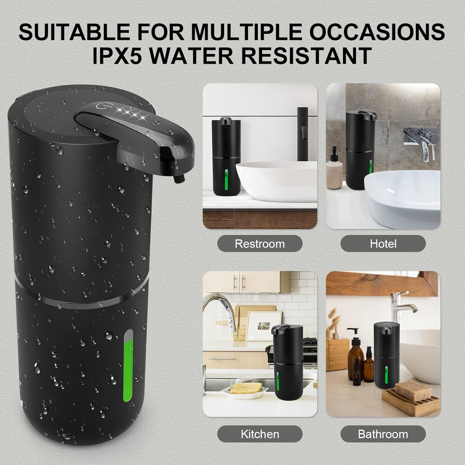 Automatic Liquid Soap Dispenser, 12.8Oz/380Ml Rechargeable Touchless Hand Soap Dispenser, 4 Level Adjustable Foam Volume, IPX5 Waterproof for Bathroom, Kitchen, Black