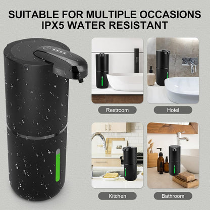 Automatic Liquid Soap Dispenser, 12.8Oz/380Ml Rechargeable Touchless Hand Soap Dispenser, 4 Level Adjustable Foam Volume, IPX5 Waterproof for Bathroom, Kitchen, Black